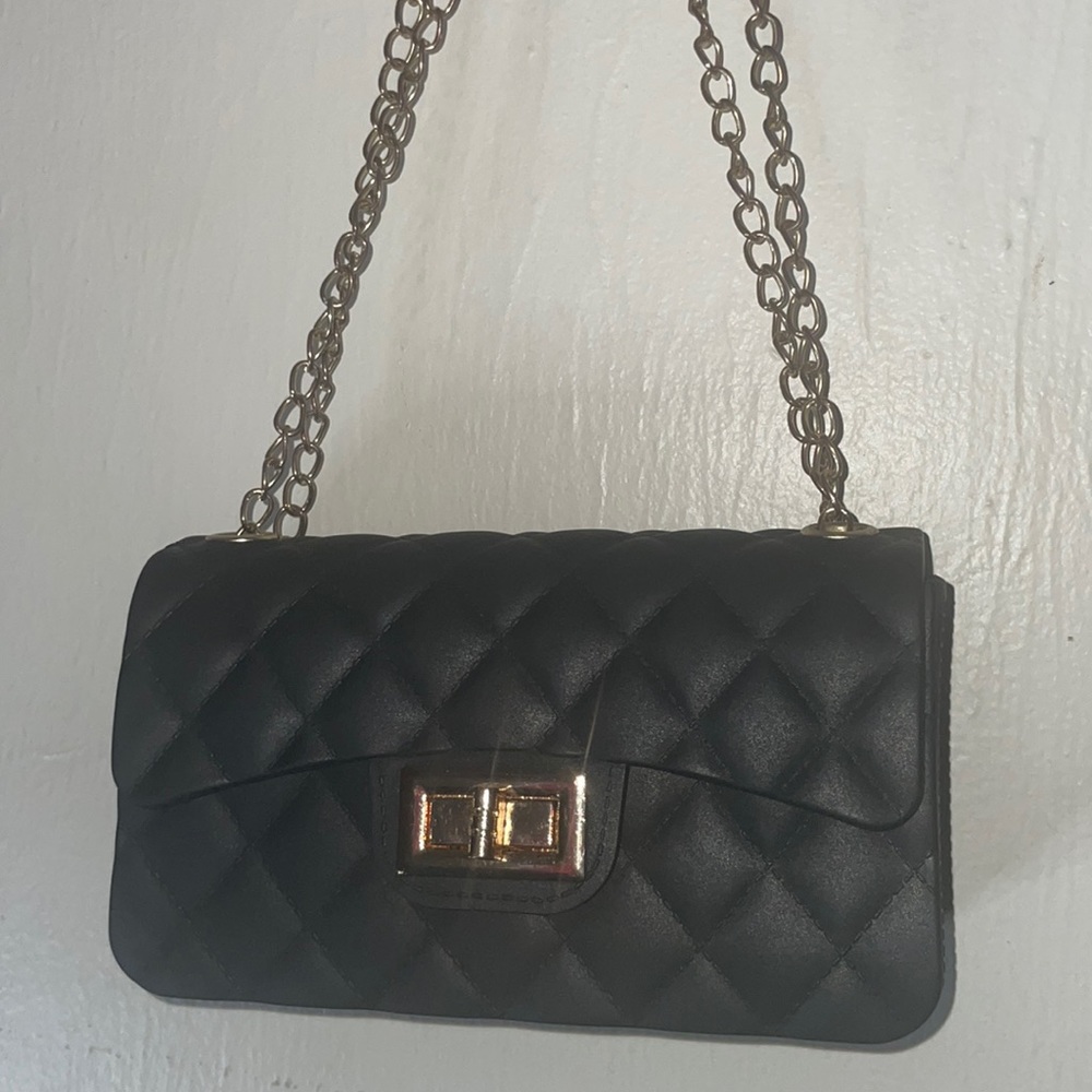 Black leather gold chain crossbody bag